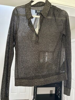 Anthropologie Maeve Black and Gold Sparkle Sheer Polo Top